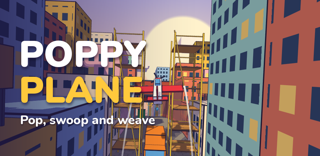 Poppy Plane, a little plane flying through a sunset city